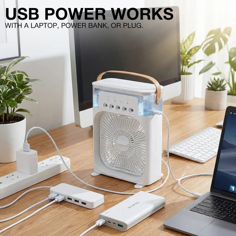 Portable Mini Air Conditioner Fan with Mist, Night Light & Timer – USB Cooling Fan