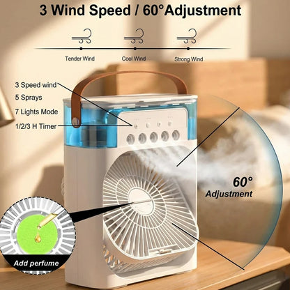 Portable Mini Air Conditioner Fan with Mist, Night Light & Timer – USB Cooling Fan