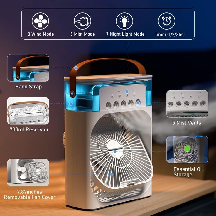 Portable Mini Air Conditioner Fan with Mist, Night Light & Timer – USB Cooling Fan