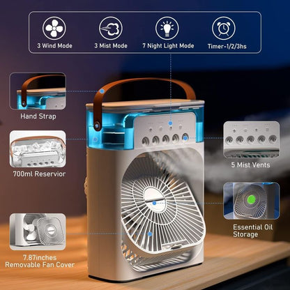 Portable Mini Air Conditioner Fan with Mist, Night Light & Timer – USB Cooling Fan
